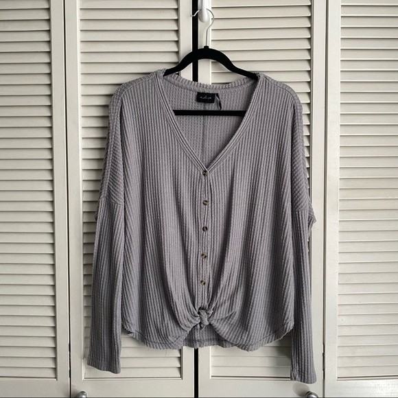 Urban Outfitters Gray Long Sleeve Waffle Knit Button Down Tie Top